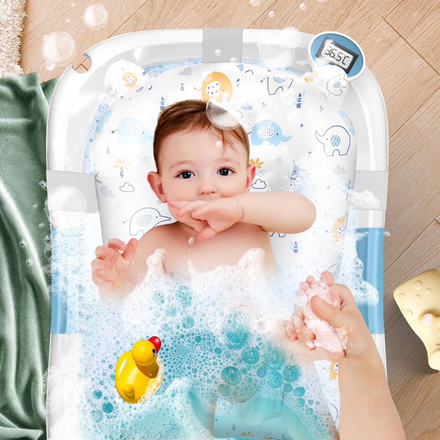 Babybadewanne | Babywanne platzsparend &amp; faltbar mit Thermostat &amp; Kissen 