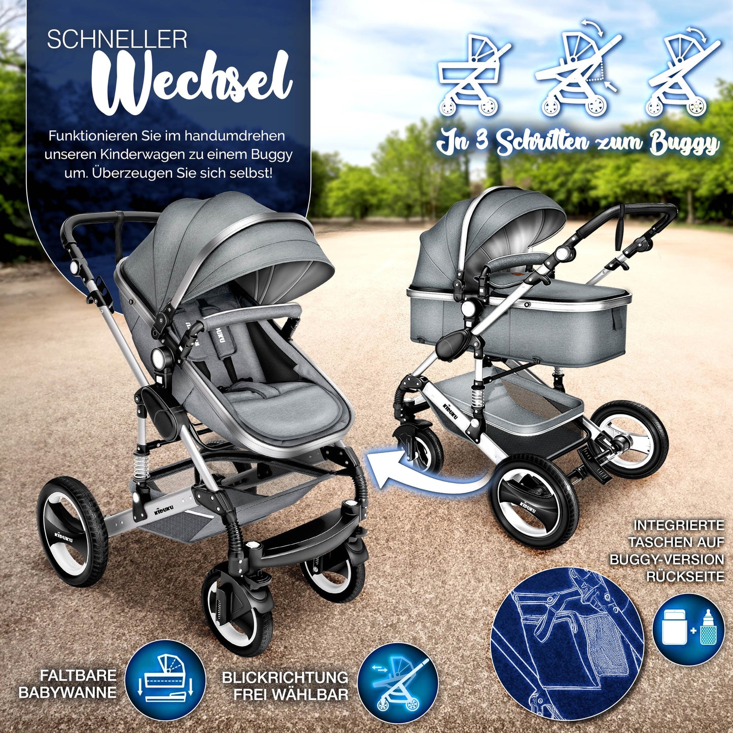 3-in-1 XXL Komplett-Kinderwagenset inkl. Babywanne, Buggy, Sportsitz &amp; Autositz 