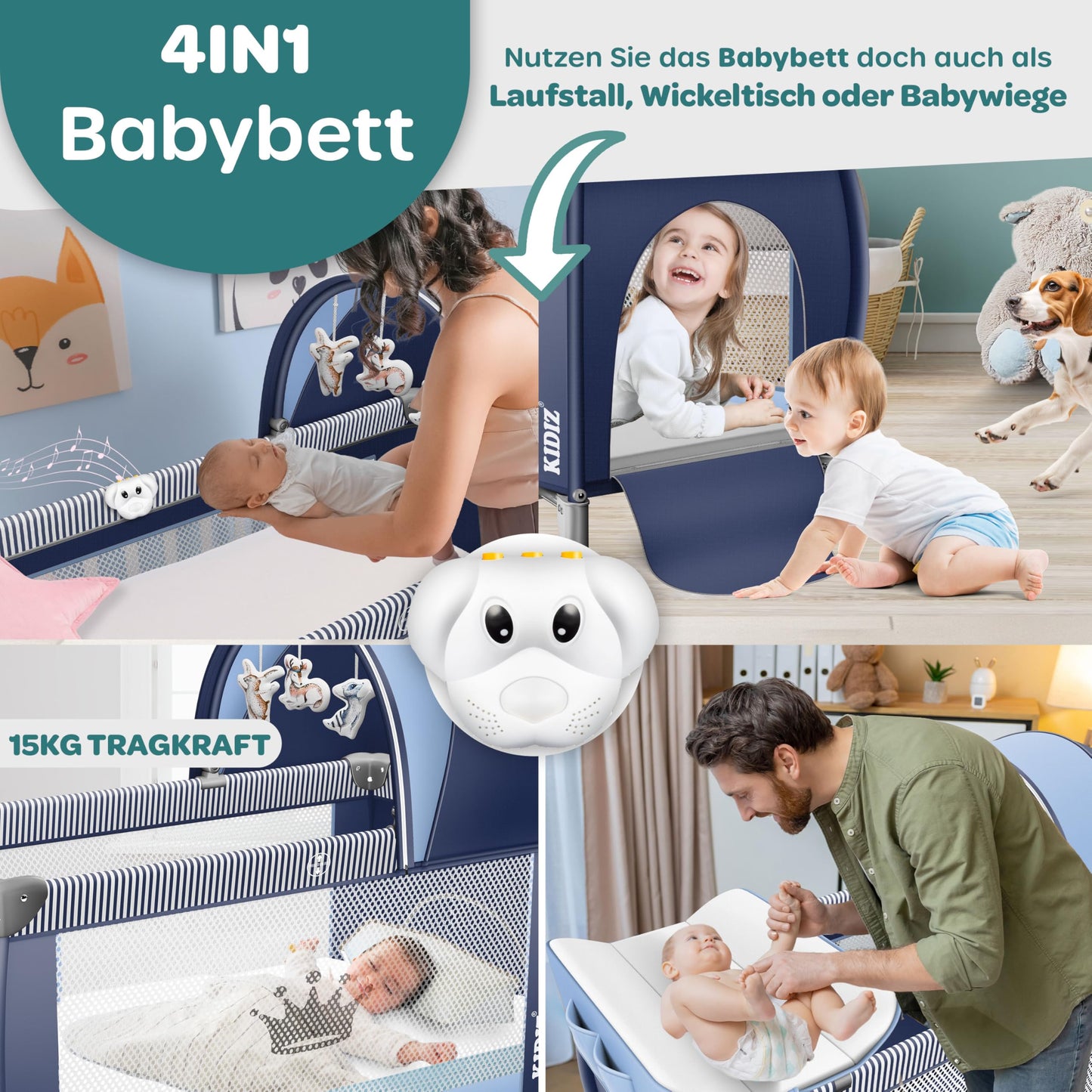 Kidiz Babybett, Reisebett, faltbar mit Matratze und Rollen, 120 x 60 cm, Seiteneingang 