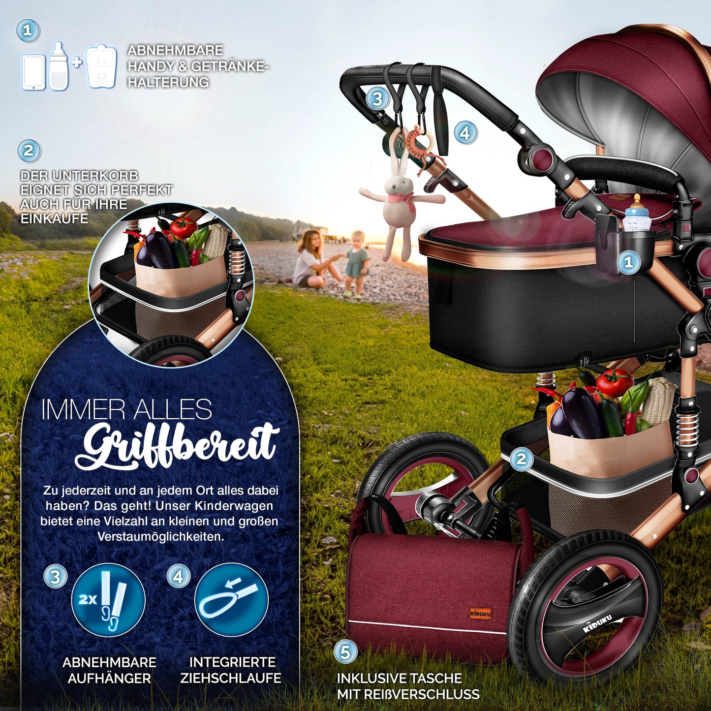 3-in-1 XXL Komplett-Kinderwagenset inkl. Babywanne, Buggy, Sportsitz &amp; Autositz 