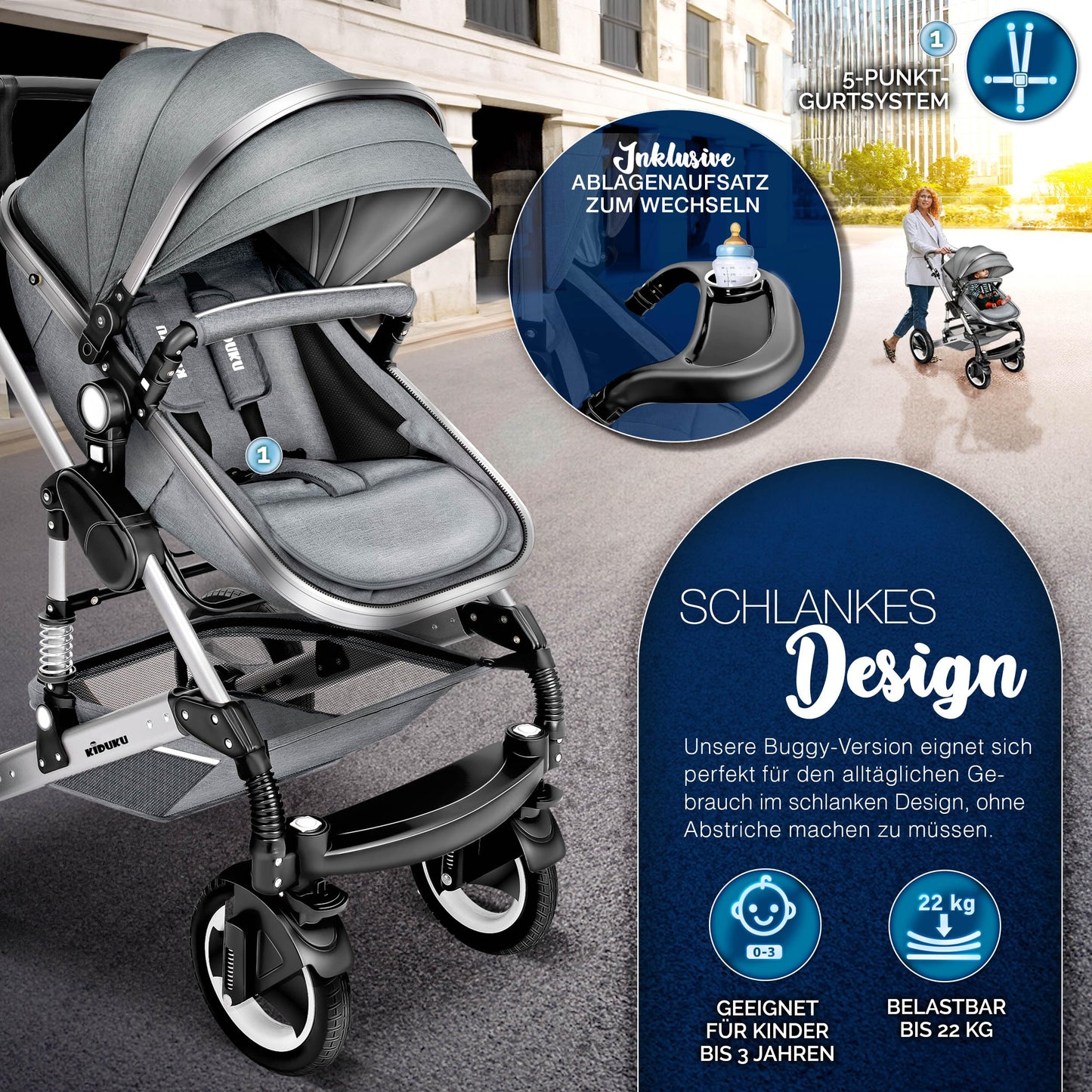 3-in-1 XXL Komplett-Kinderwagenset inkl. Babywanne, Buggy, Sportsitz &amp; Autositz 