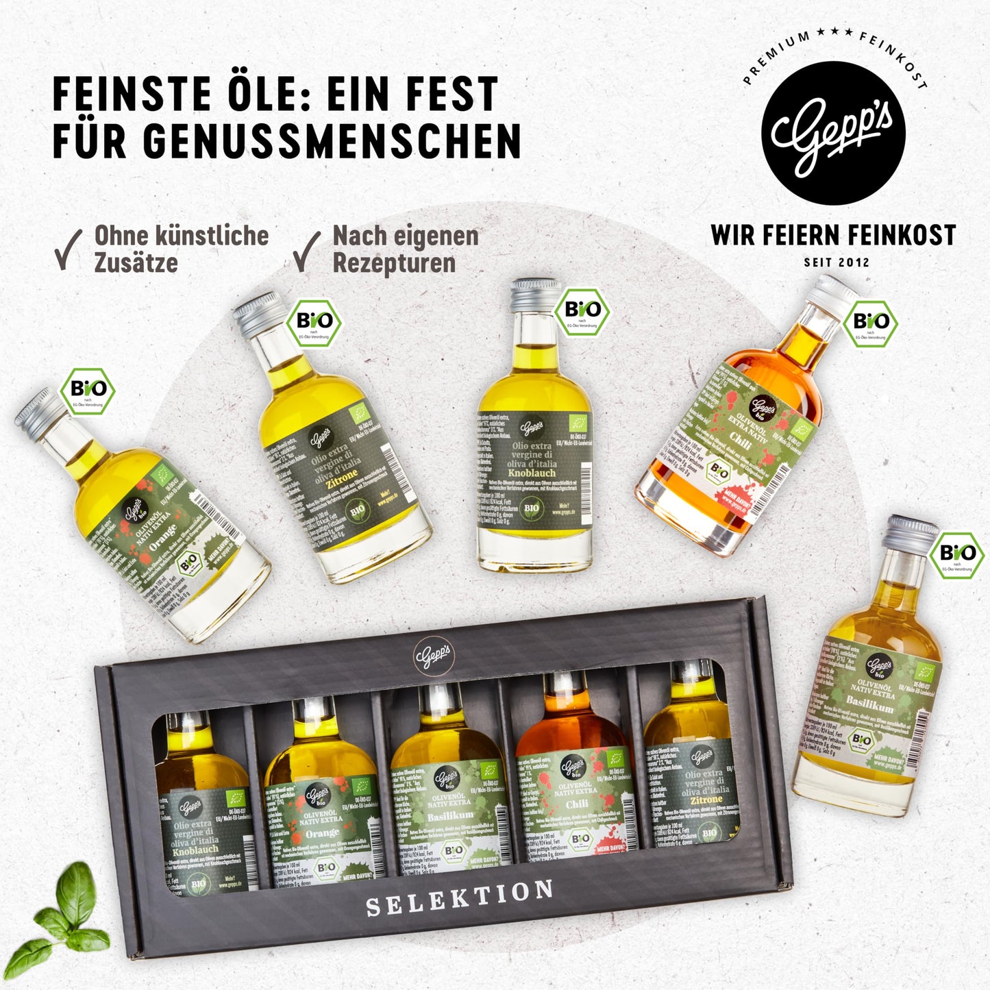 Feinkost Öl Geschenkbox „Öl-Clutch“ I Gewürzöl Set mit 5 erlesenen BIO-Ölen 