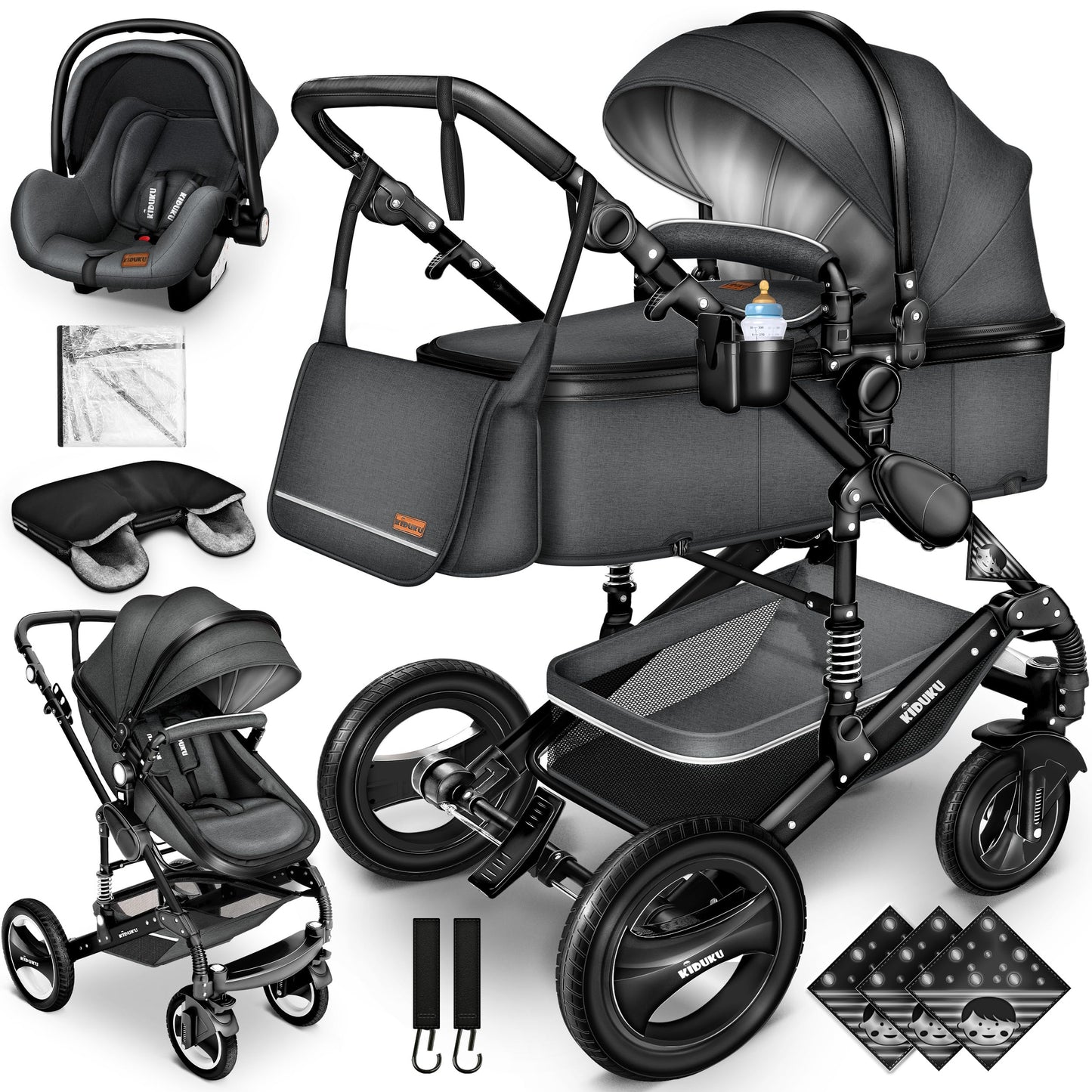 3-in-1 XXL Komplett-Kinderwagenset inkl. Babywanne, Buggy, Sportsitz &amp; Autositz 