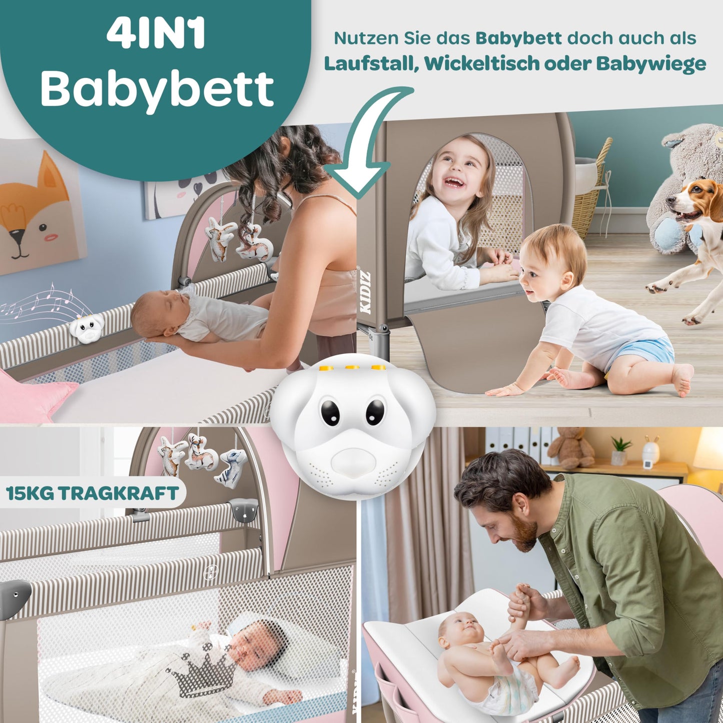 Kidiz Babybett, Reisebett, faltbar mit Matratze und Rollen, 120 x 60 cm, Seiteneingang 