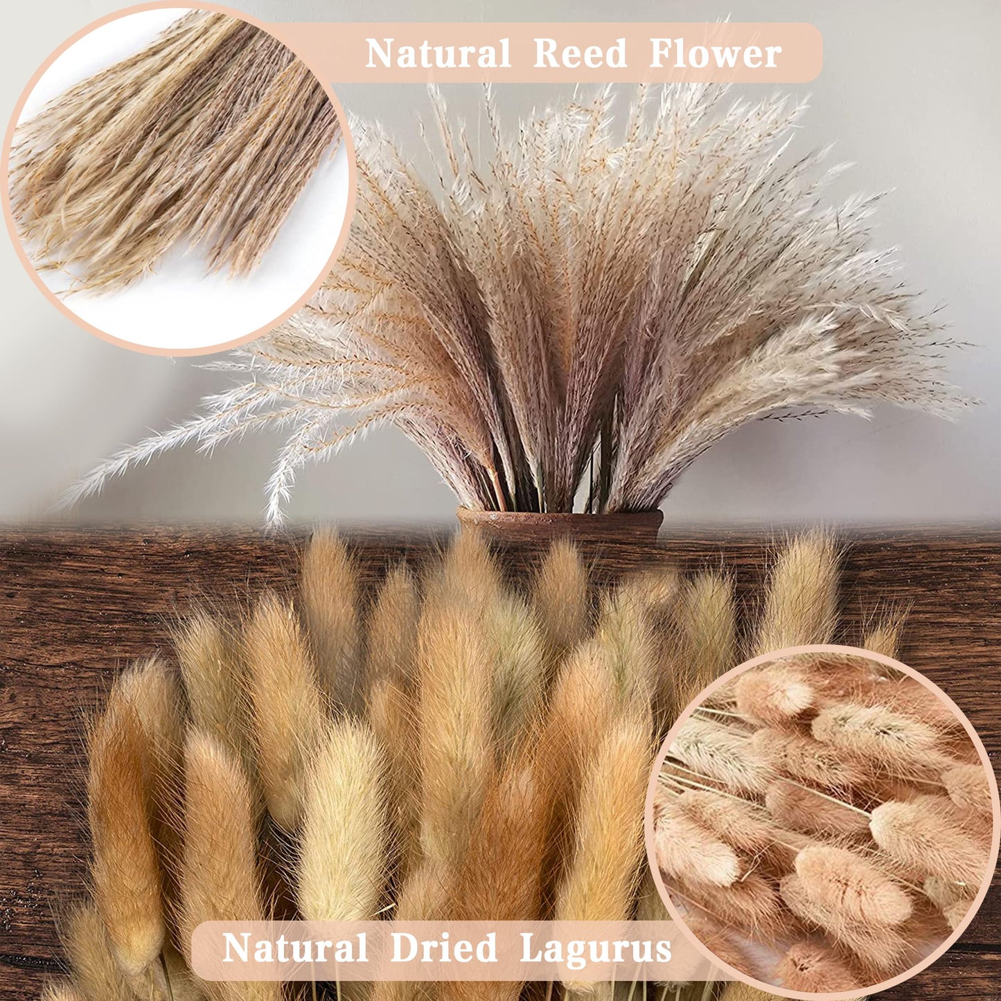 Pampasgras Getrocknet - Natürlich, Braun, Trockenblumen Strauß Dried Flowers, für Heim Decor 