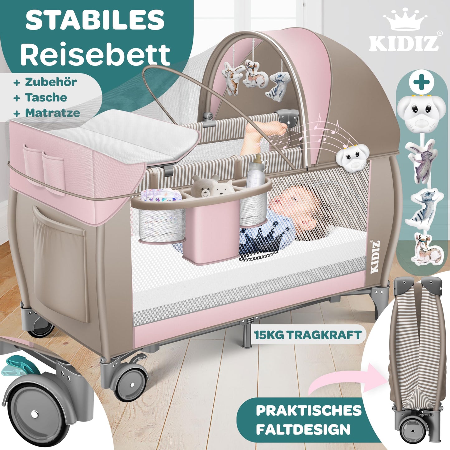 Kidiz Babybett, Reisebett, faltbar mit Matratze und Rollen, 120 x 60 cm, Seiteneingang 