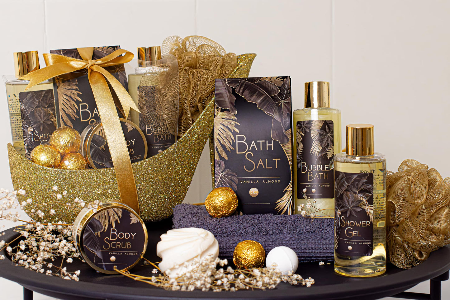 Accentra Luxus-Bade-Set, Geschenkset mit wunderschönen goldenen Glitzerpumps, 9-teiliges Luxus-Schönheitsset 