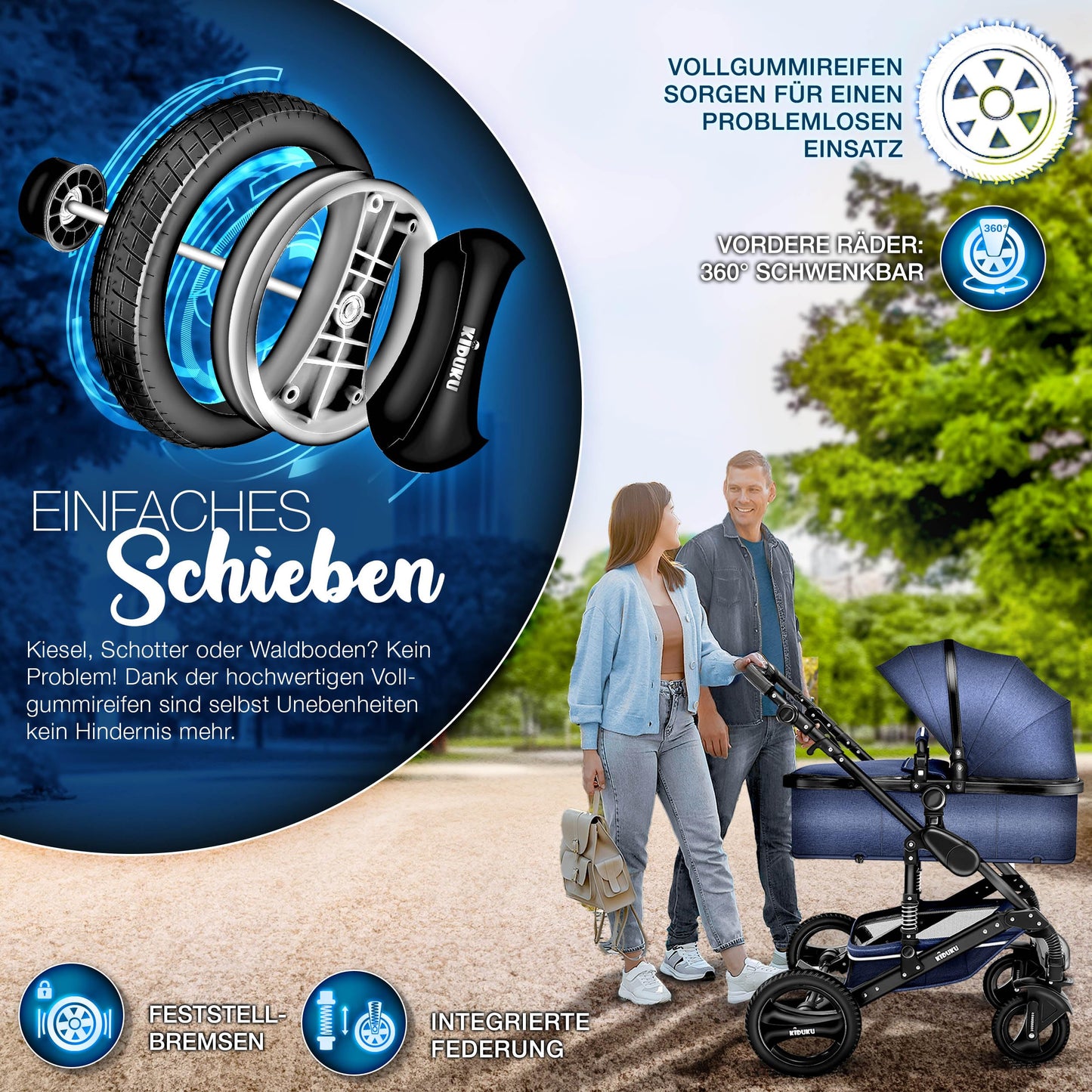3-in-1 XXL Komplett-Kinderwagenset inkl. Babywanne, Buggy, Sportsitz &amp; Autositz 