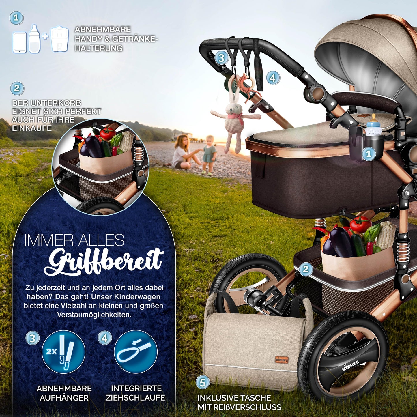3-in-1 XXL Komplett-Kinderwagenset inkl. Babywanne, Buggy, Sportsitz &amp; Autositz 