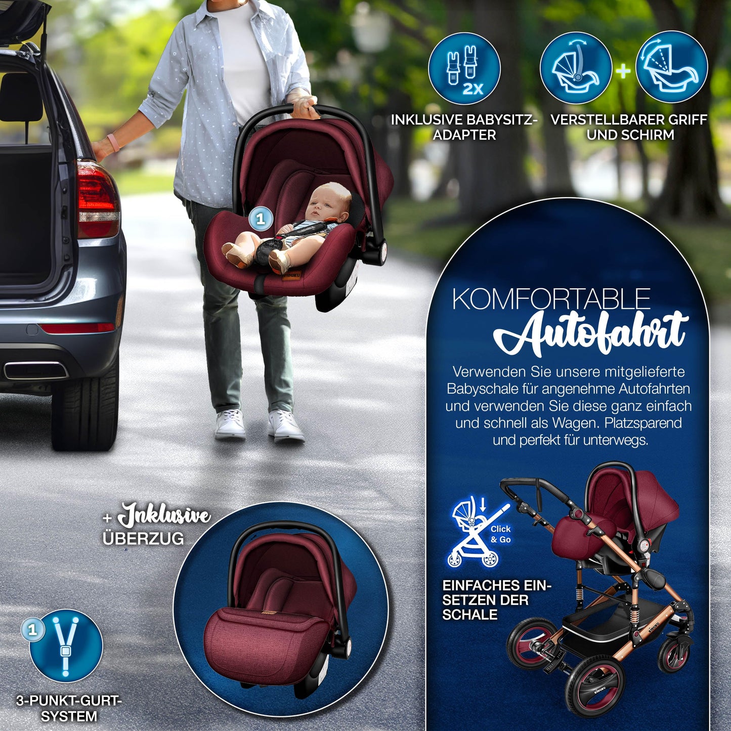 3-in-1 XXL Komplett-Kinderwagenset inkl. Babywanne, Buggy, Sportsitz &amp; Autositz 