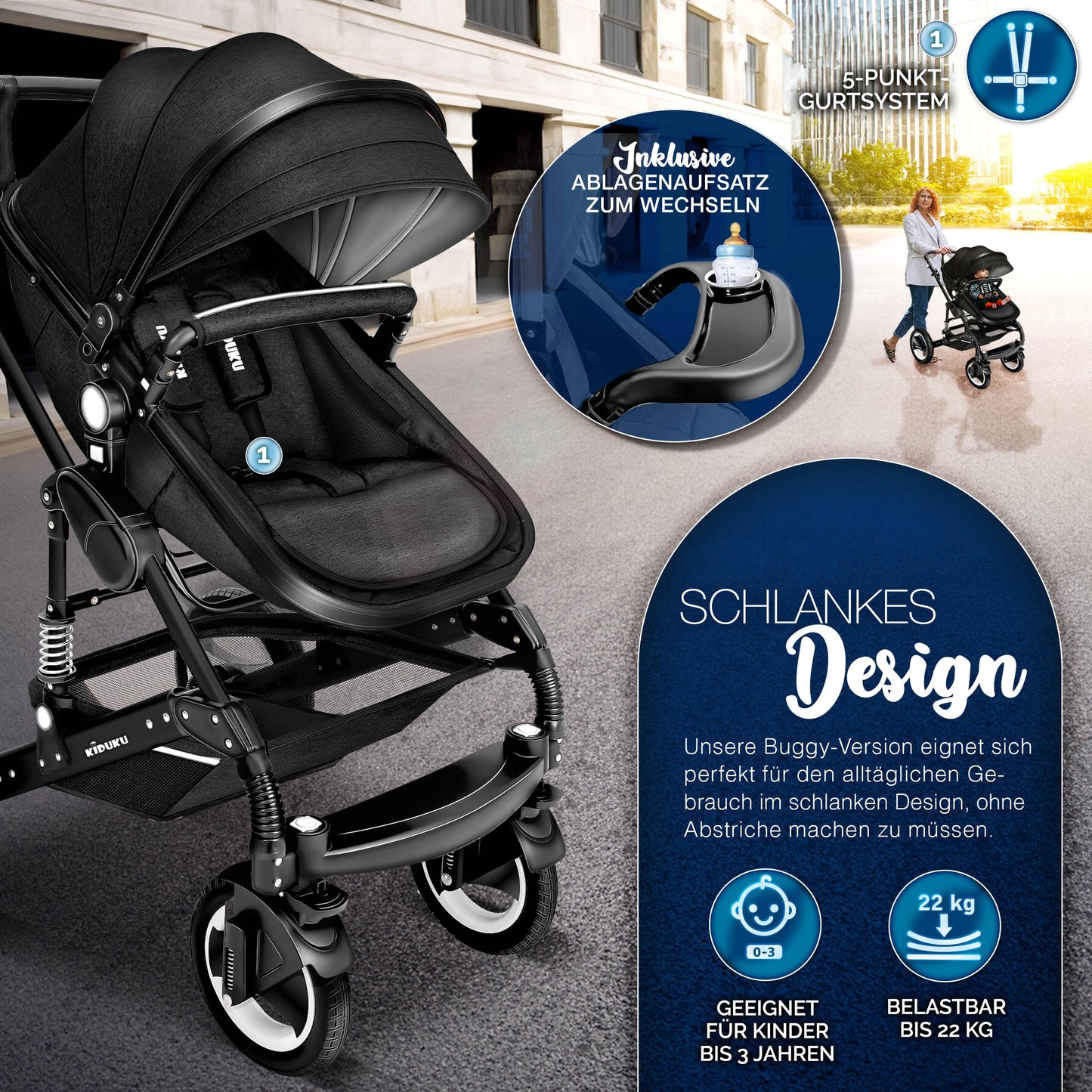 3-in-1 XXL Komplett-Kinderwagenset inkl. Babywanne, Buggy, Sportsitz &amp; Autositz 
