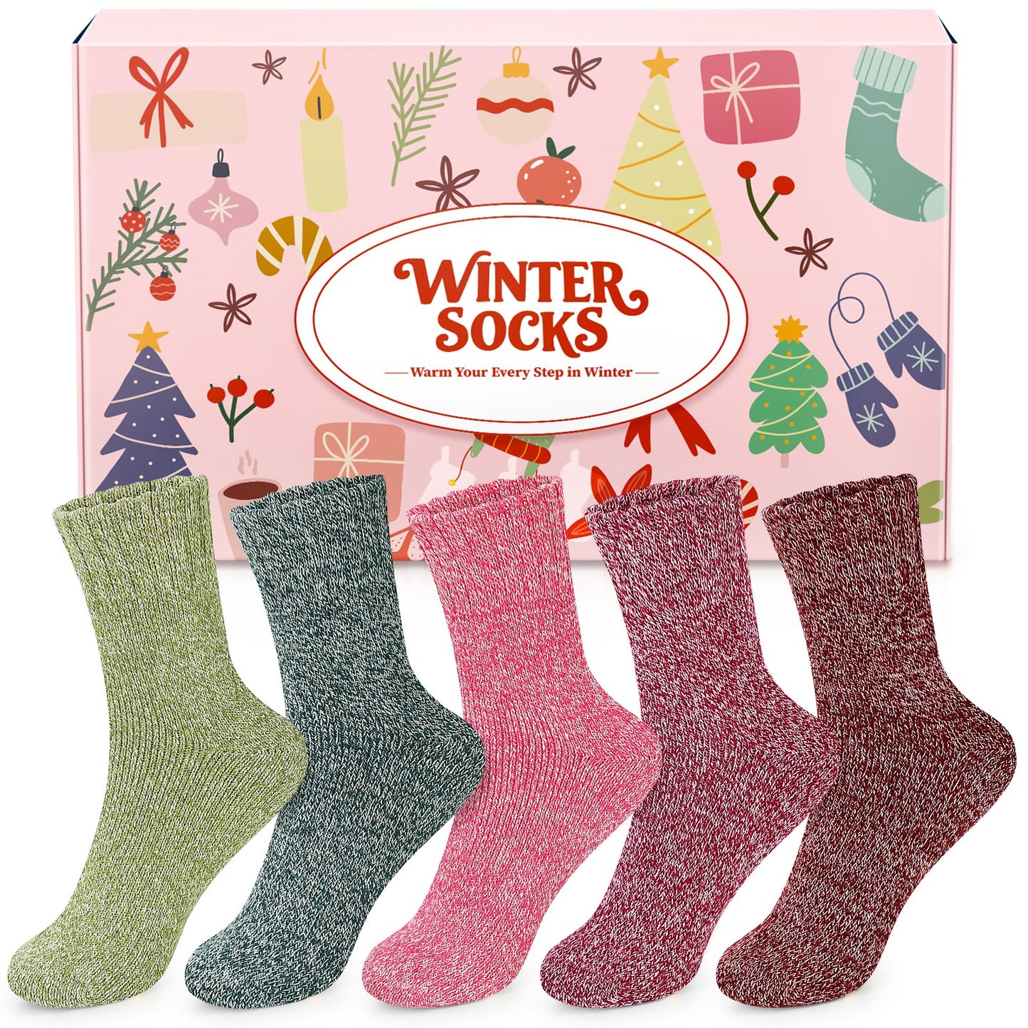 Airabc 5 Paar Damen-Thermosocken, warme Wintersocken, farbenfroh, kuschelig und atmungsaktiv 