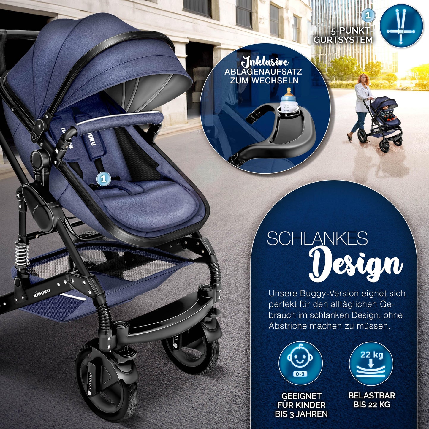 3-in-1 XXL Komplett-Kinderwagenset inkl. Babywanne, Buggy, Sportsitz &amp; Autositz 
