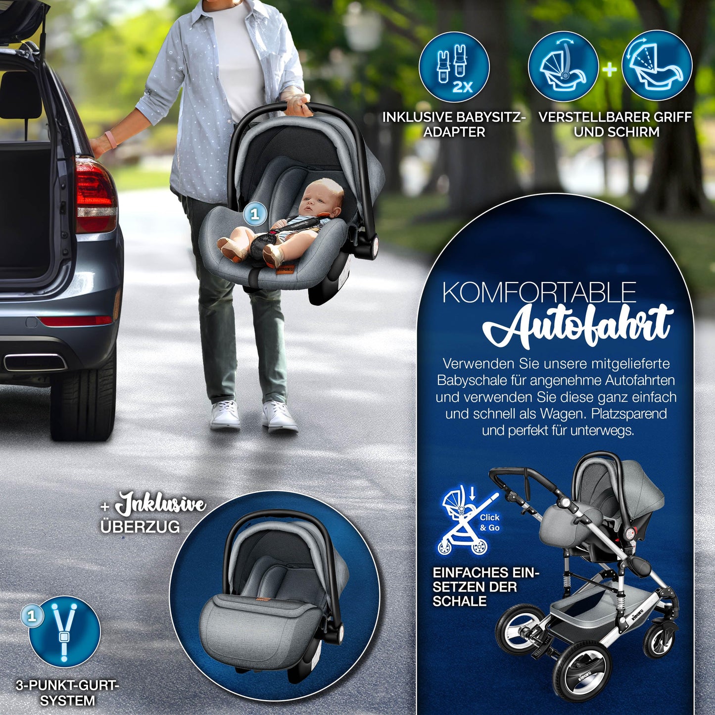 3-in-1 XXL Komplett-Kinderwagenset inkl. Babywanne, Buggy, Sportsitz &amp; Autositz 