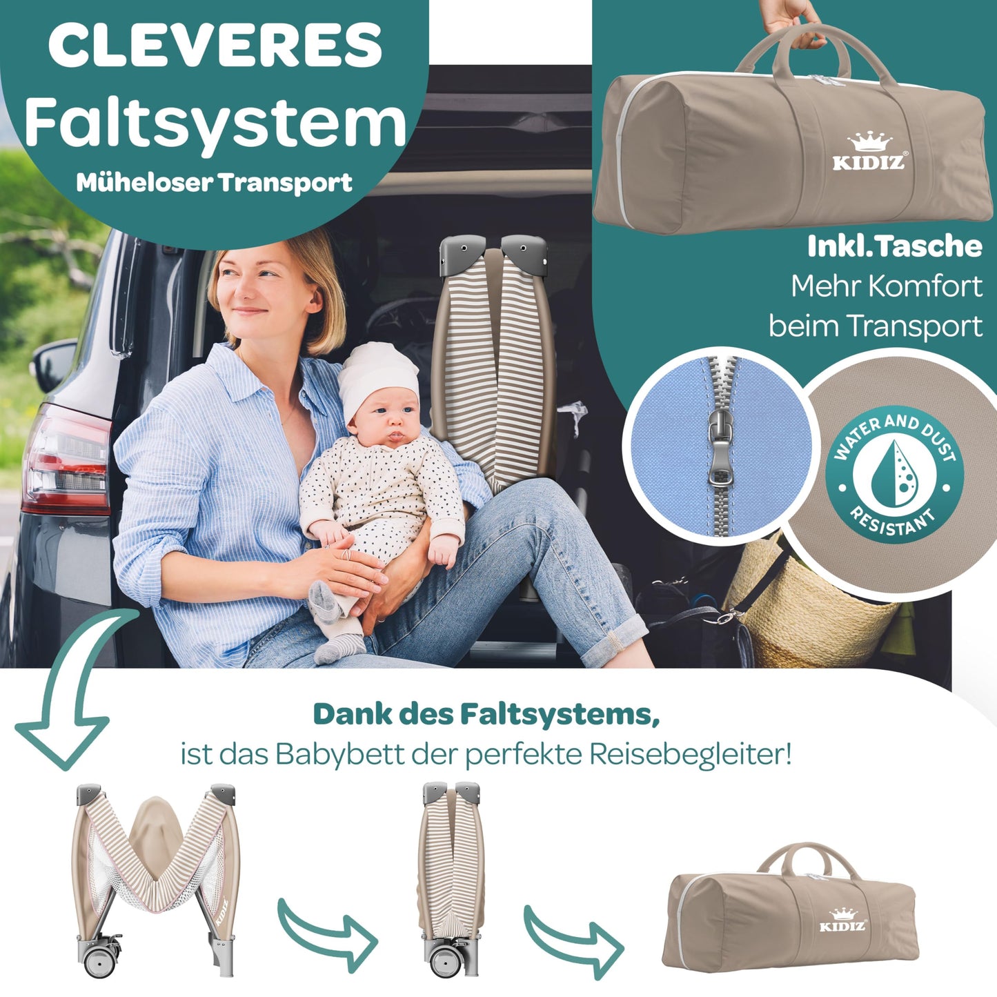 Kidiz Babybett, Reisebett, faltbar mit Matratze und Rollen, 120 x 60 cm, Seiteneingang 