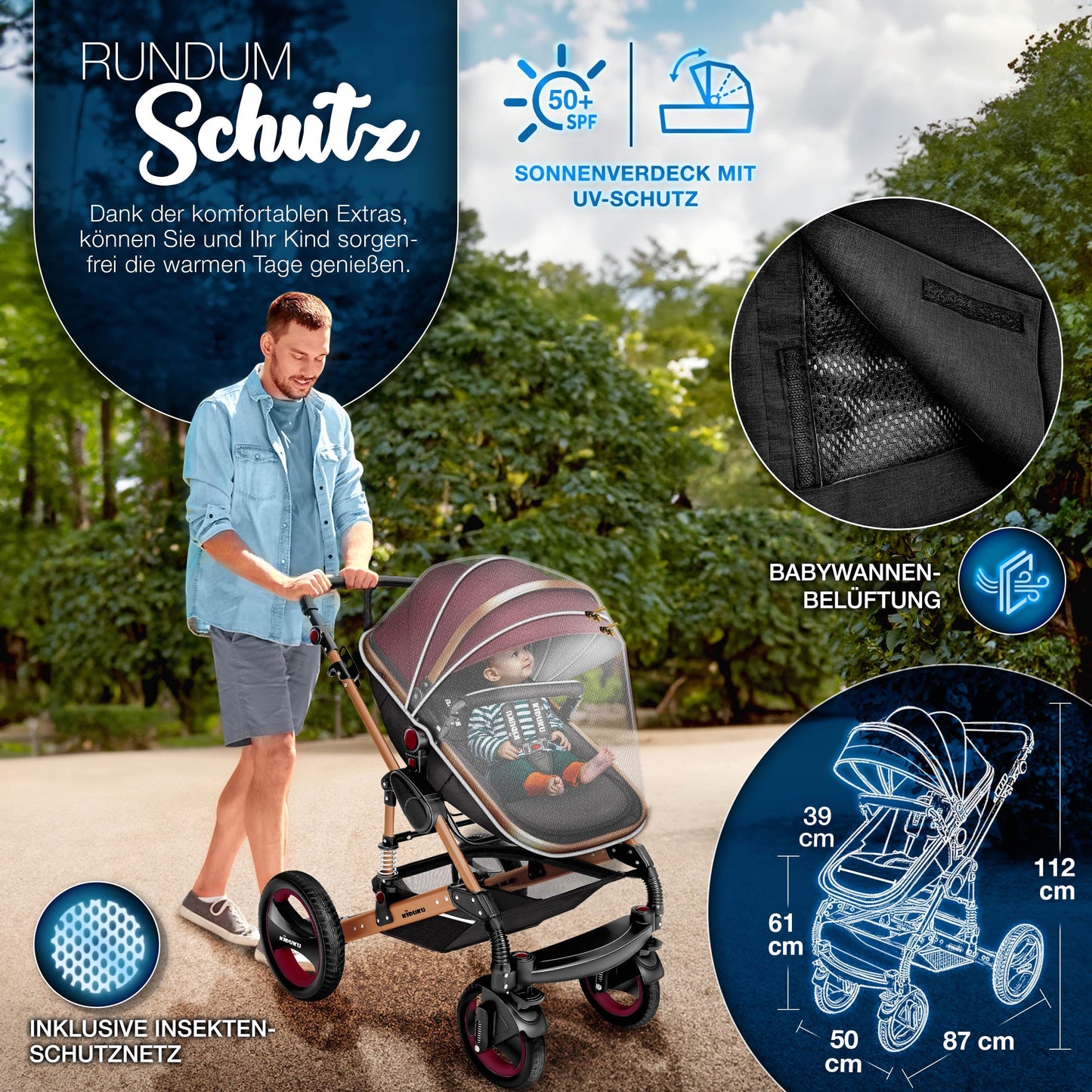 3-in-1 XXL Komplett-Kinderwagenset inkl. Babywanne, Buggy, Sportsitz &amp; Autositz 