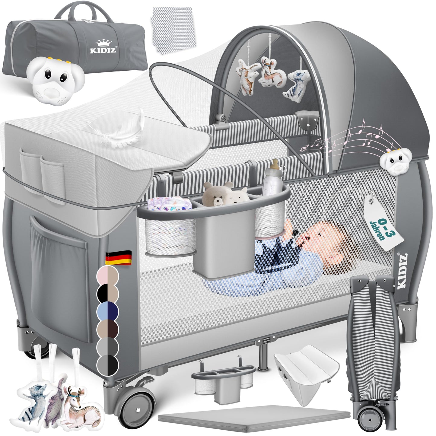 Kidiz Babybett, Reisebett, faltbar mit Matratze und Rollen, 120 x 60 cm, Seiteneingang 