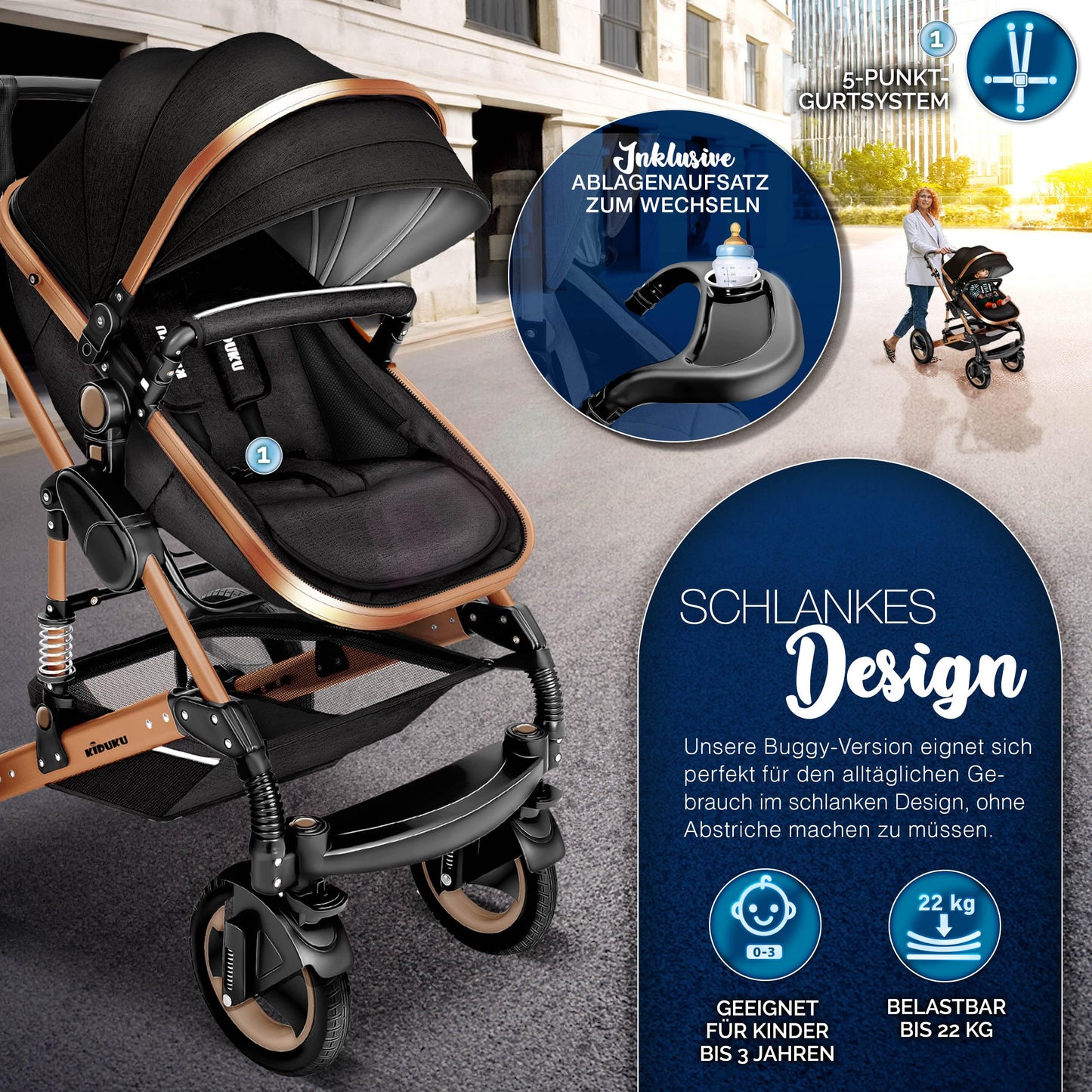 3-in-1 XXL Komplett-Kinderwagenset inkl. Babywanne, Buggy, Sportsitz &amp; Autositz 