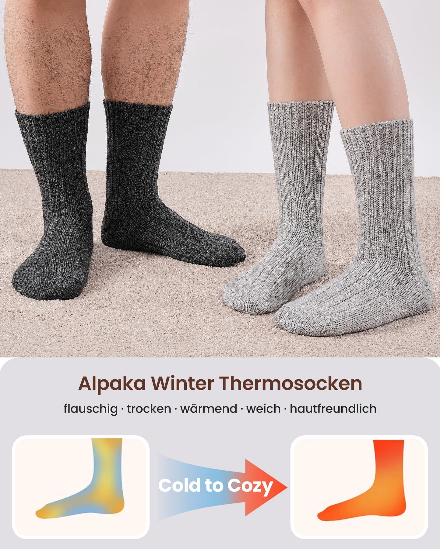 4 Paar Alpaka Socken für Herren Damen, atmungsative Thermosocken Extra Warm, Dicke Wintersocken mit Alpakawolle 