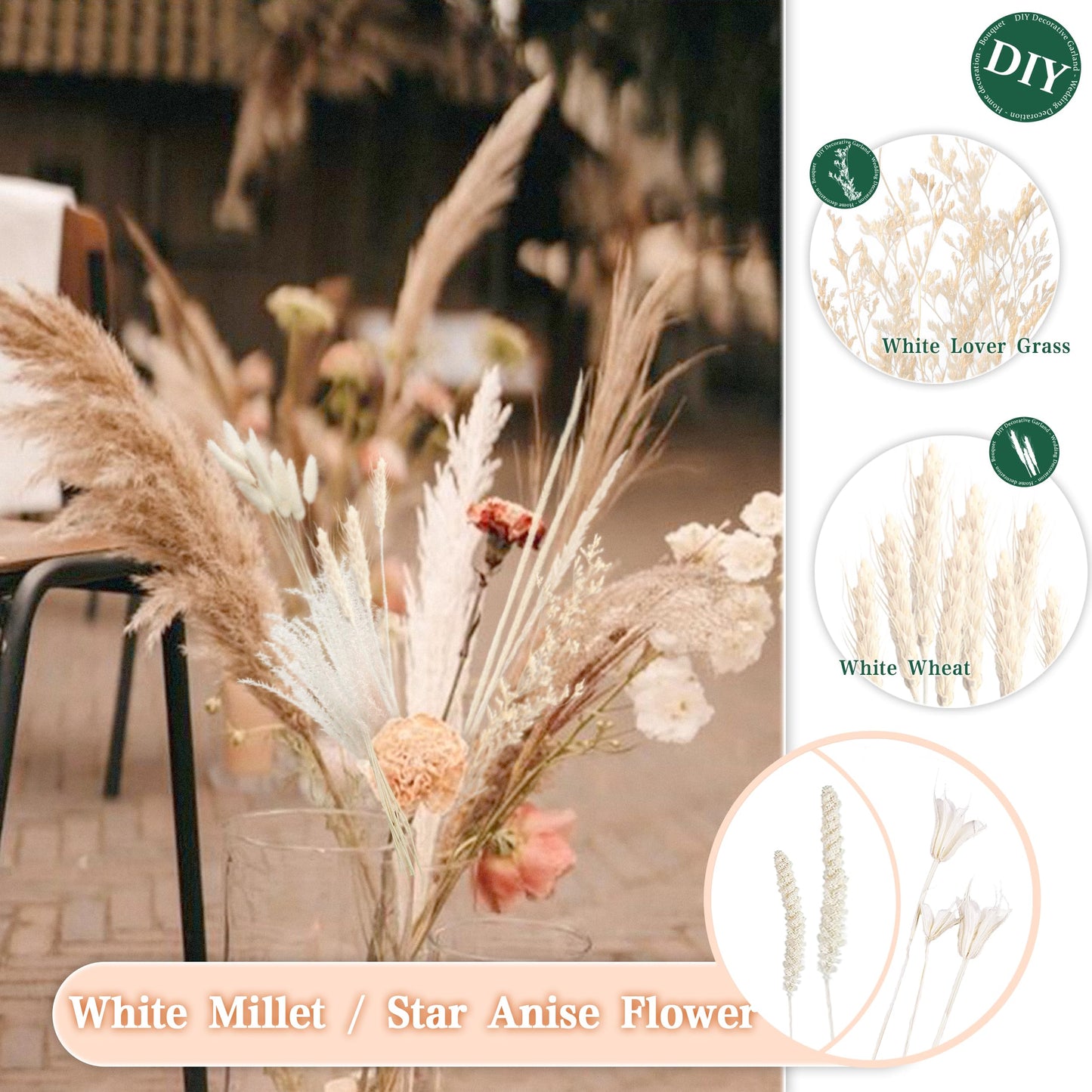 Pampasgras Getrocknet - Natürlich, Braun, Trockenblumen Strauß Dried Flowers, für Heim Decor 