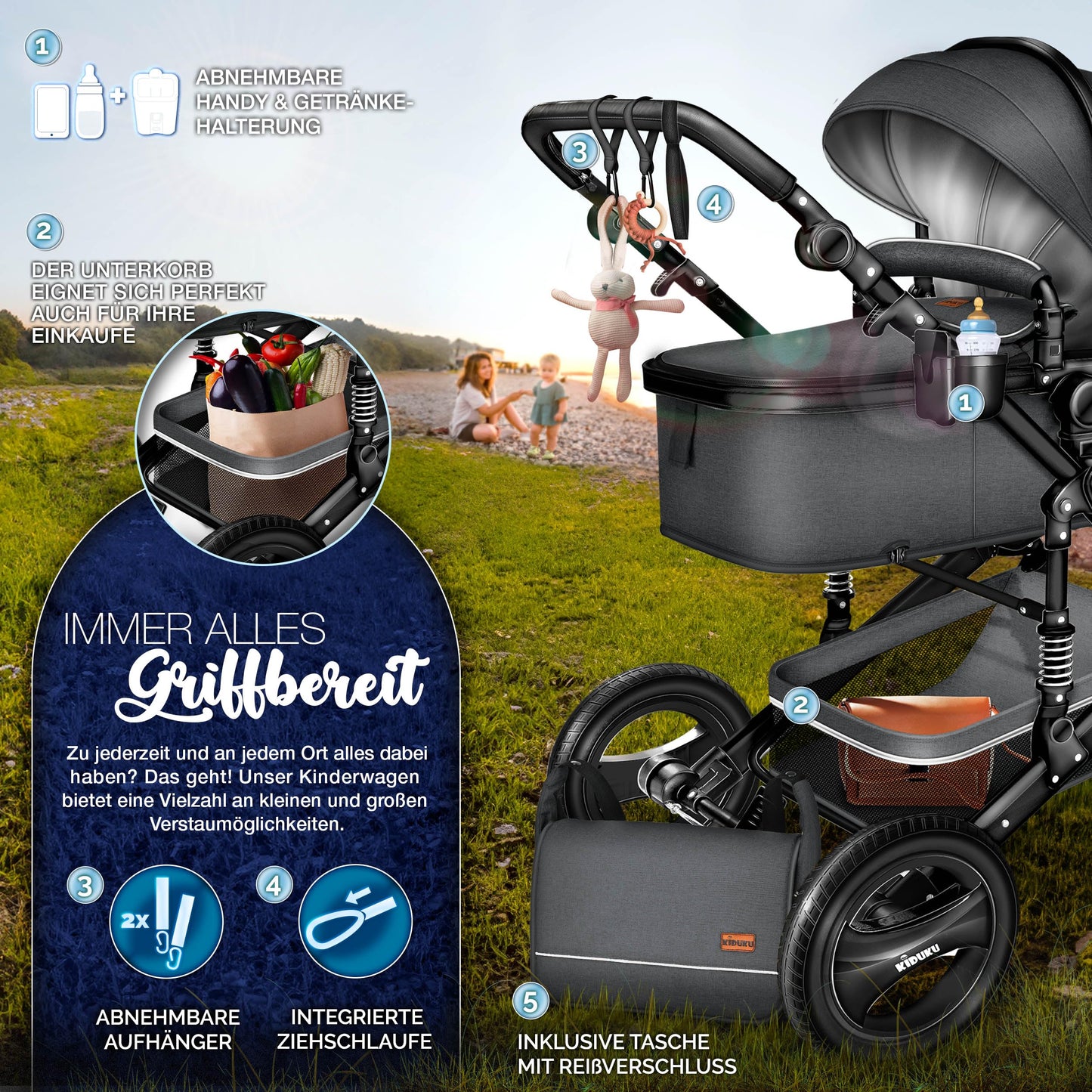 3-in-1 XXL Komplett-Kinderwagenset inkl. Babywanne, Buggy, Sportsitz &amp; Autositz 