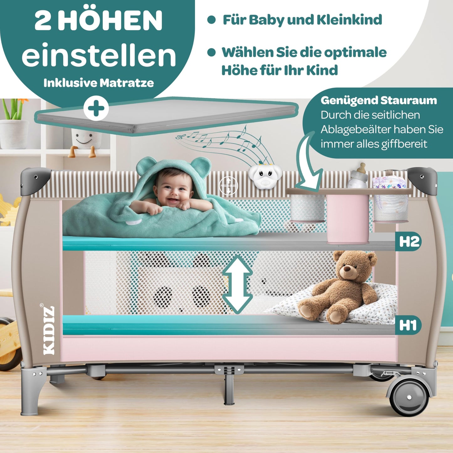 Kidiz Babybett, Reisebett, faltbar mit Matratze und Rollen, 120 x 60 cm, Seiteneingang 