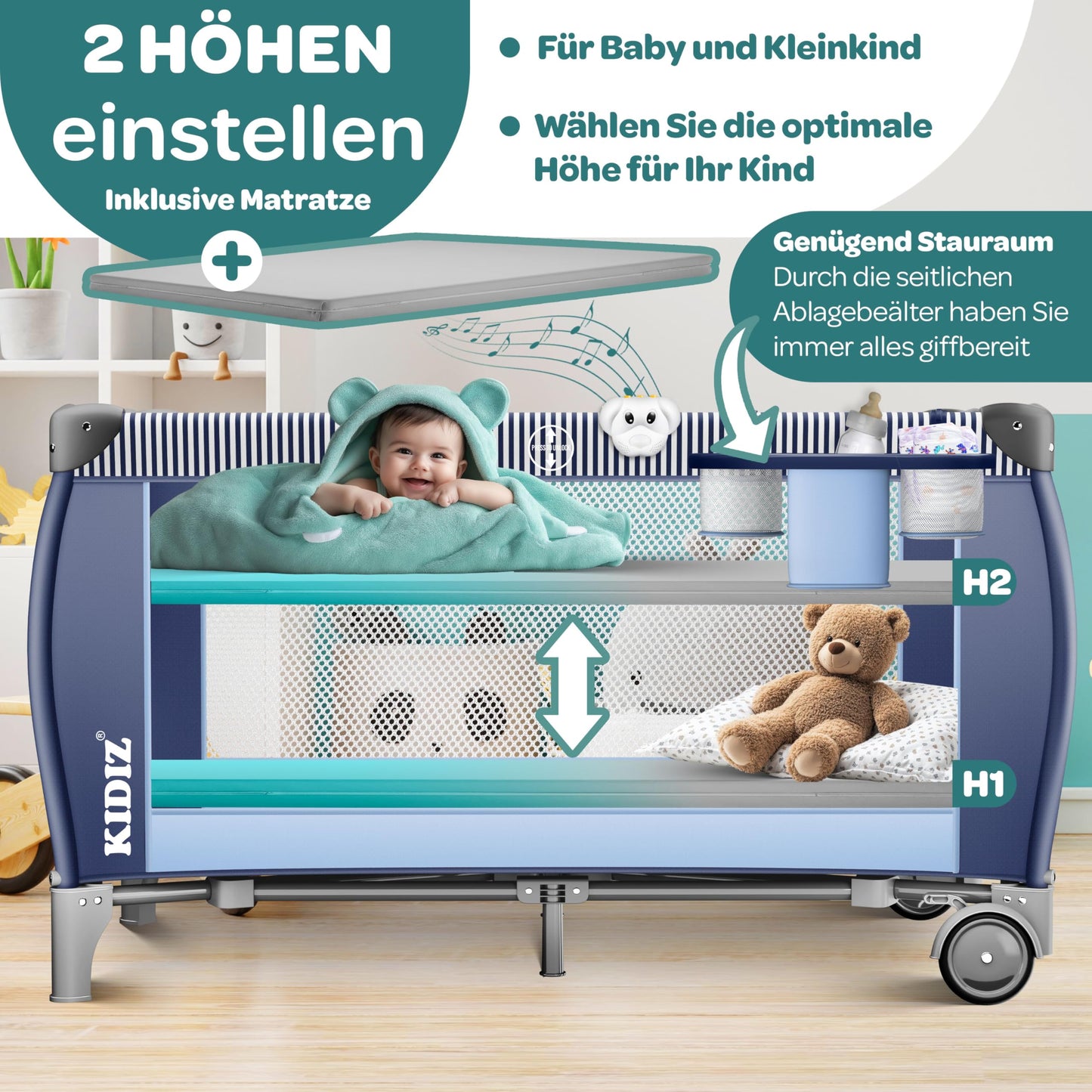 Kidiz Babybett, Reisebett, faltbar mit Matratze und Rollen, 120 x 60 cm, Seiteneingang 