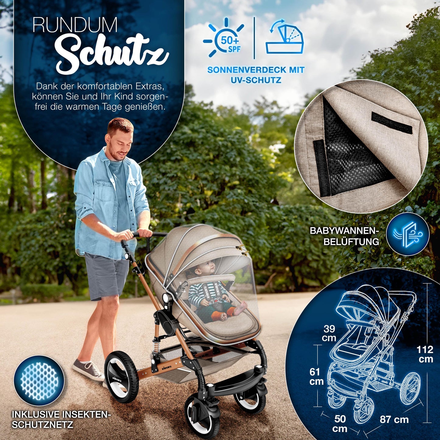 3-in-1 XXL Komplett-Kinderwagenset inkl. Babywanne, Buggy, Sportsitz &amp; Autositz 