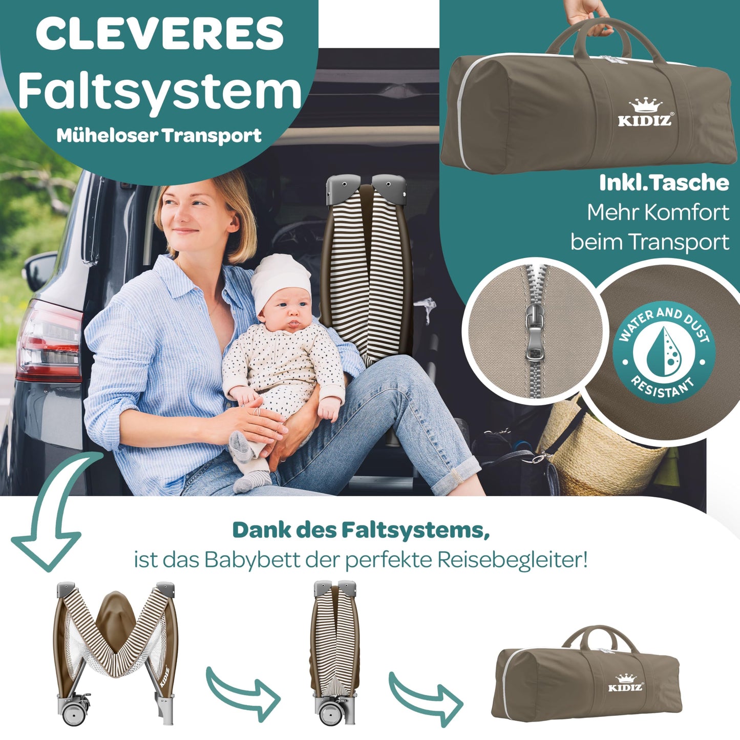 Kidiz Babybett, Reisebett, faltbar mit Matratze und Rollen, 120 x 60 cm, Seiteneingang 
