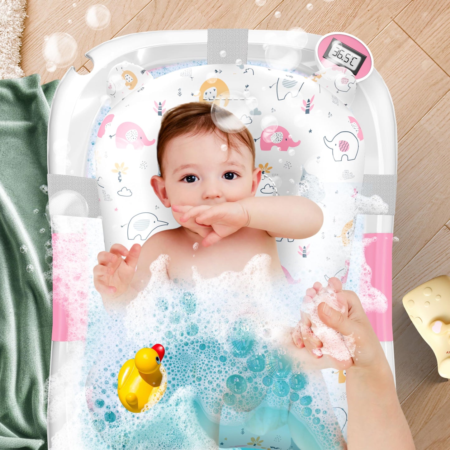 Babybadewanne | Babywanne platzsparend &amp; faltbar mit Thermostat &amp; Kissen 