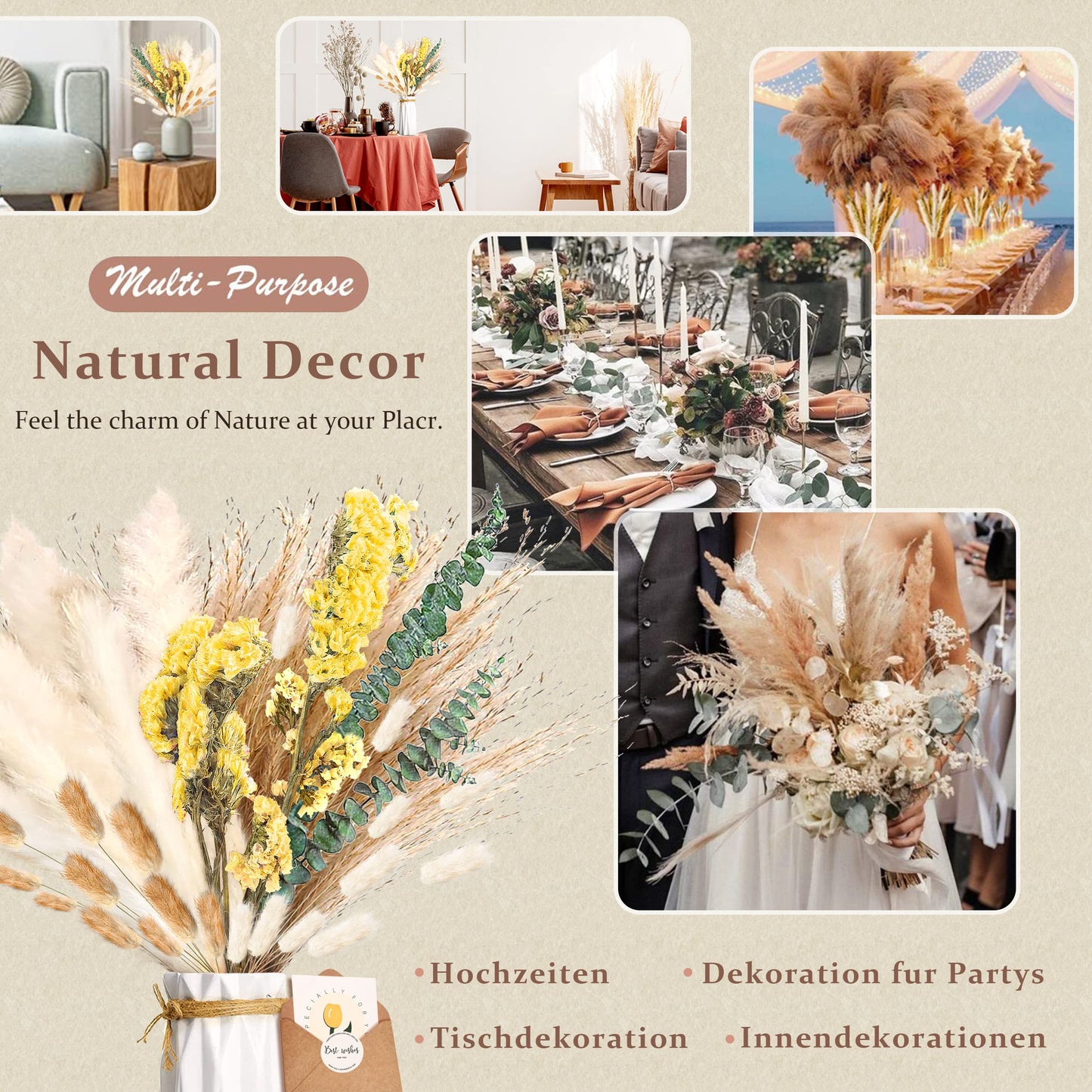 Pampasgras Getrocknet - Natürlich, Braun, Trockenblumen Strauß Dried Flowers, für Heim Decor 